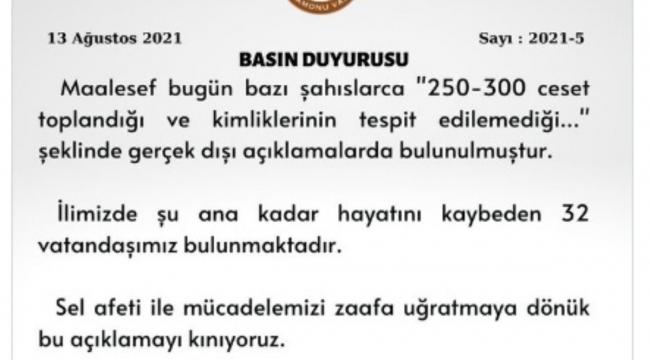 Kastamonu Valiliği'nden '250-300 ölüm' iddiasına yalanlama: Kınıyoruz