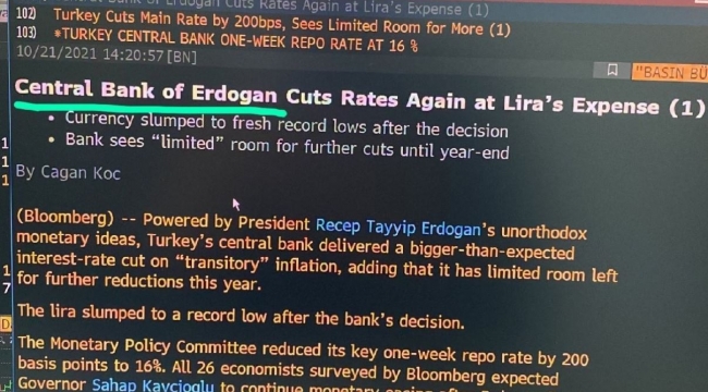 Bloomberg, faiz kararını böyle duyurdu: 'Erdoğan Merkez Bankası'